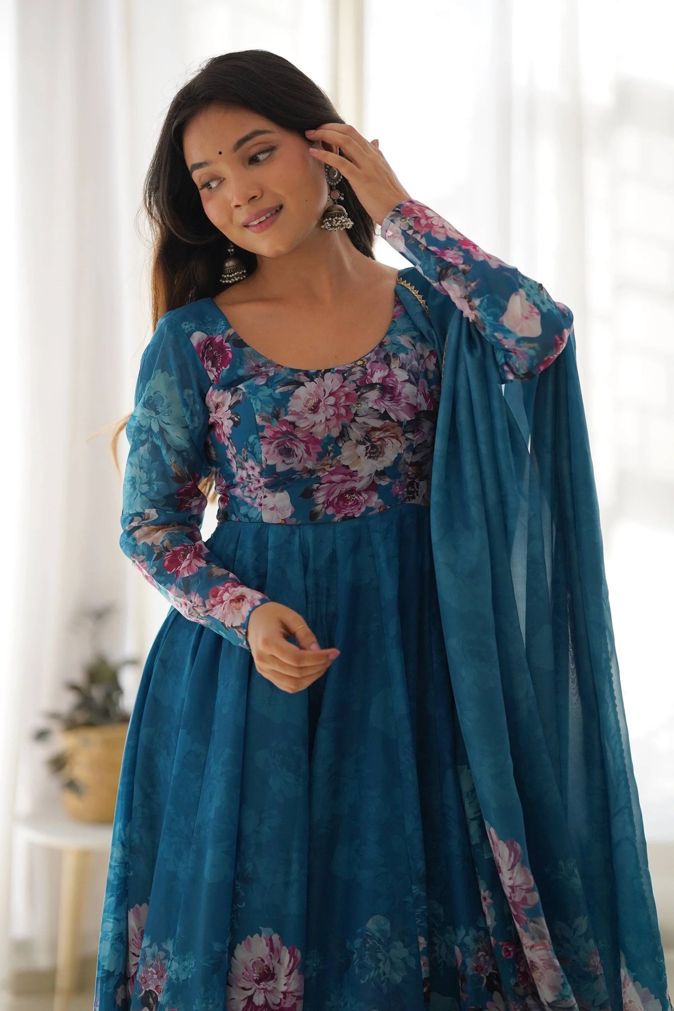 LUXURIOUS TURKISH FLORAL PRINTED ORGANZA ANARKALI SUIT SET WITH DUPATTA