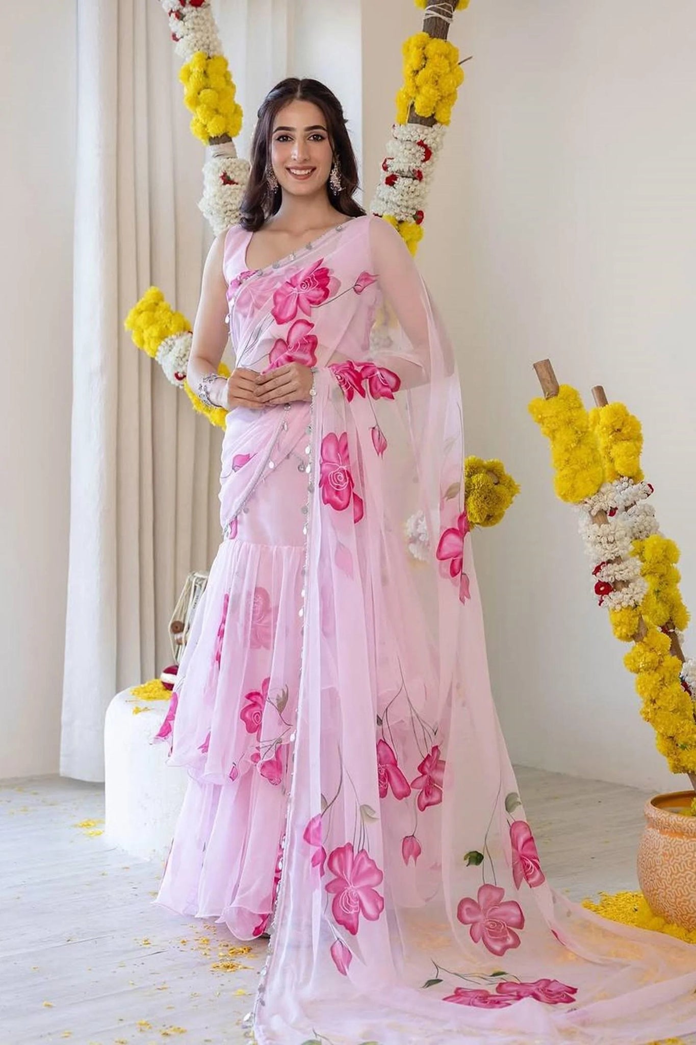 LIGHT PINK FLORAL PRINT GEORGETTE RUFFLE SAREE WITH STITCHED BLOUSE