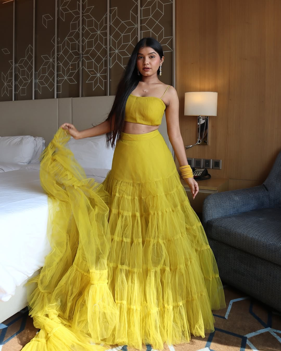 Yellow Ruffle Lehenga Choli in Soft Net with Full Flair and Dupatta