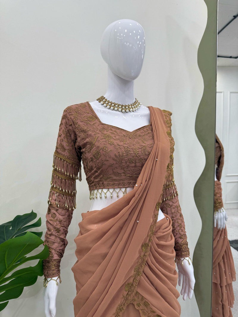 BROWN COLOR DESIGNER LOOK GEORGETTE BASE EMBROIDERED WORK LEHENGA SAREE