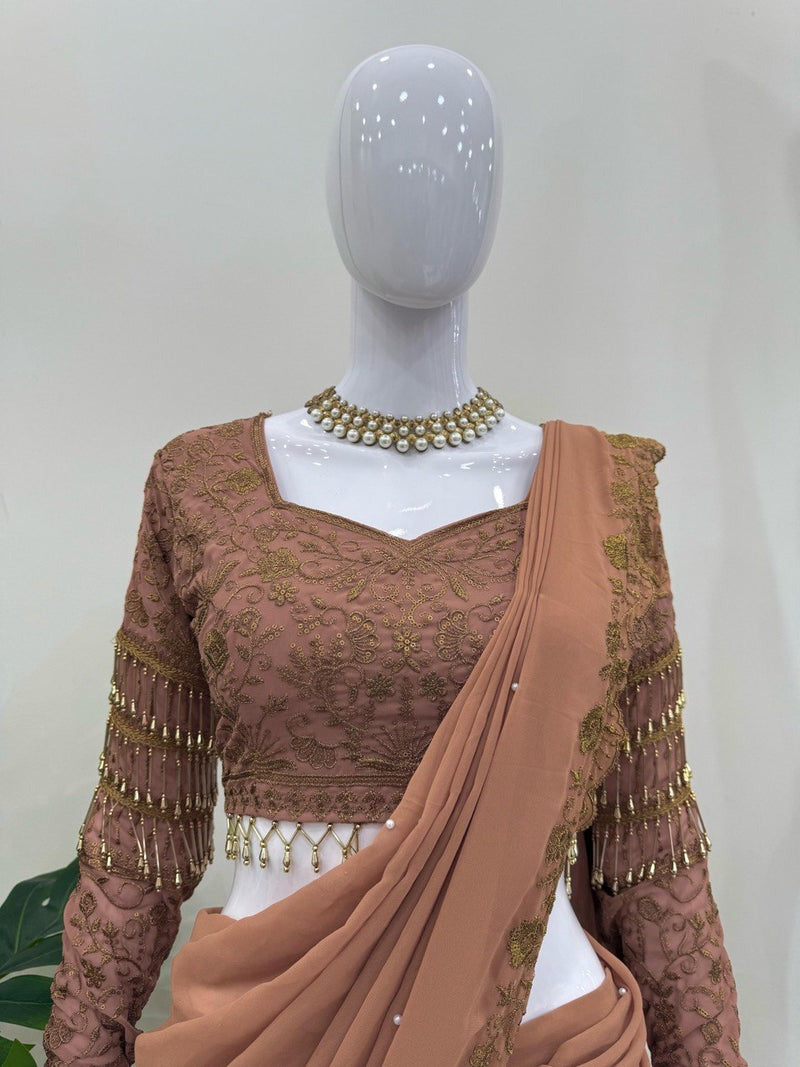 BROWN COLOR DESIGNER LOOK GEORGETTE BASE EMBROIDERED WORK LEHENGA SAREE