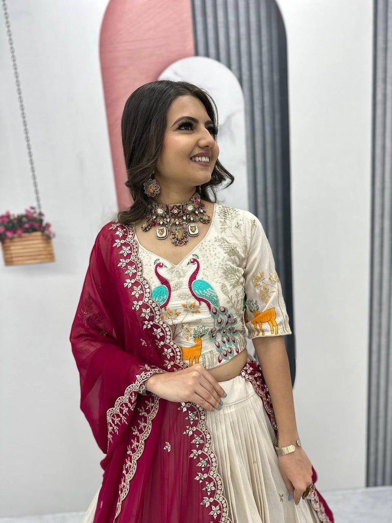 OFF WHITE PEACOCK DESIGN TISSUE SILK BASE EMBROIDERED WORK LEHENGA FOR WEDDING
