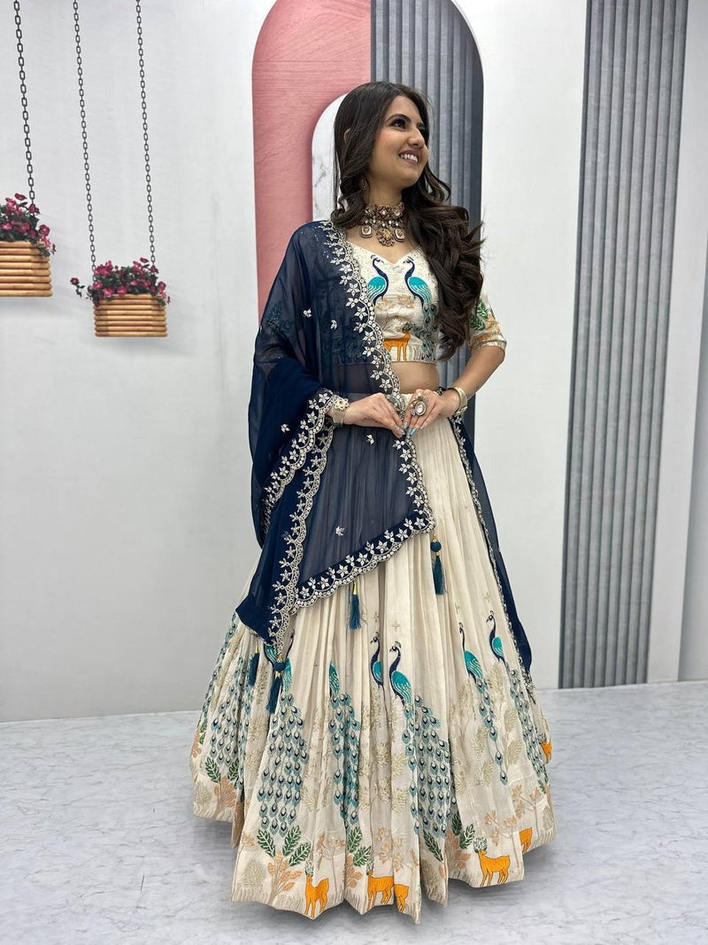 OFF WHITE PEACOCK DESIGN TISSUE SILK BASE EMBROIDERED WORK LEHENGA FOR WEDDING