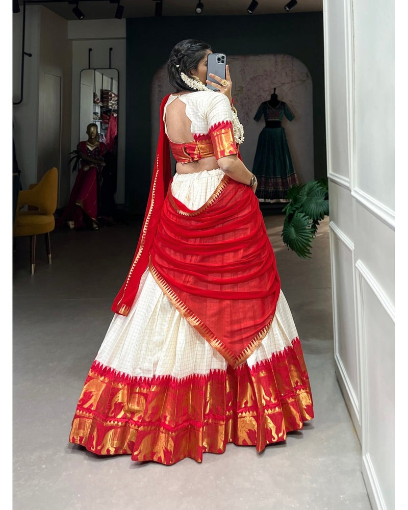 RED COLOR CHEX WITH ZARI WEAVING WORK POLY COTTON HALF SAREE LEHENGA C Fabvilla RED COLOR CHEX WITH ZARI WEAVING WORK POLY COTTON HALF SAREE LEHENGA C Fabvilla