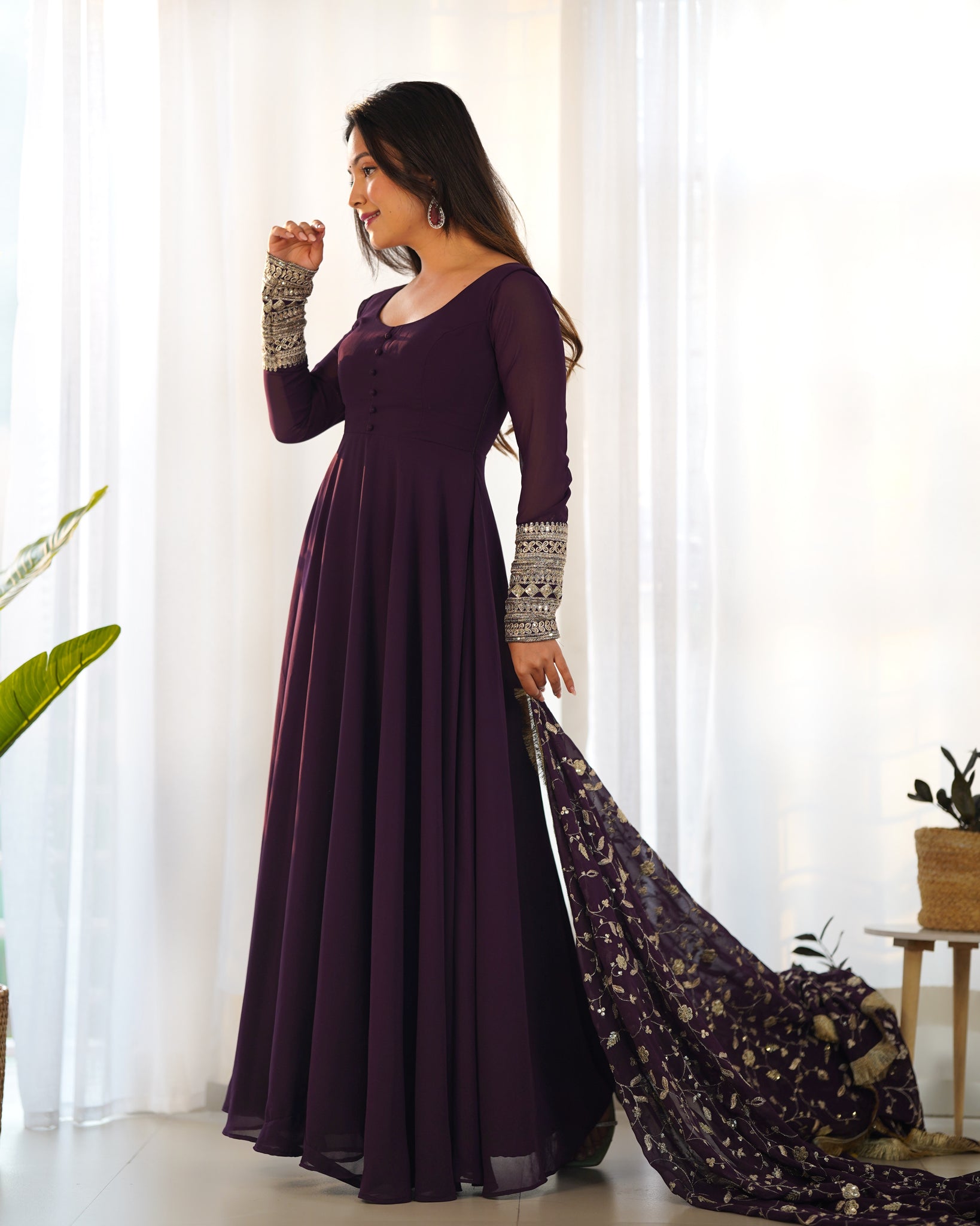 ELEGANT WINE GEORGETTE GOWN SET WITH DUPATTA - LUXURIOUS & CHIC