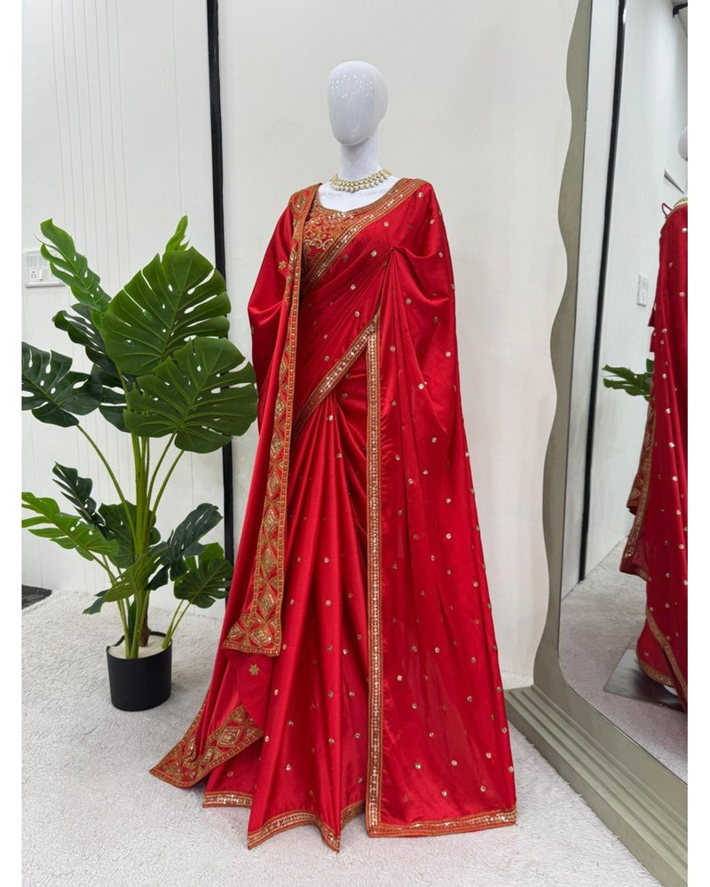 RED COLOR DESIGNER JAPAN SATIN SILK BASE EMBROIDERY SEQUENCE WORK SAREE WITH DUPATTA