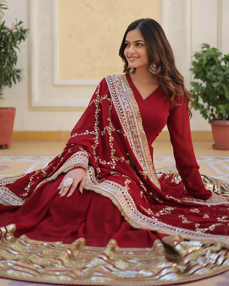 DESIGNER MAROON COLOR BLOOMING SEQUENCE EMBROIDERY WORK GOWN