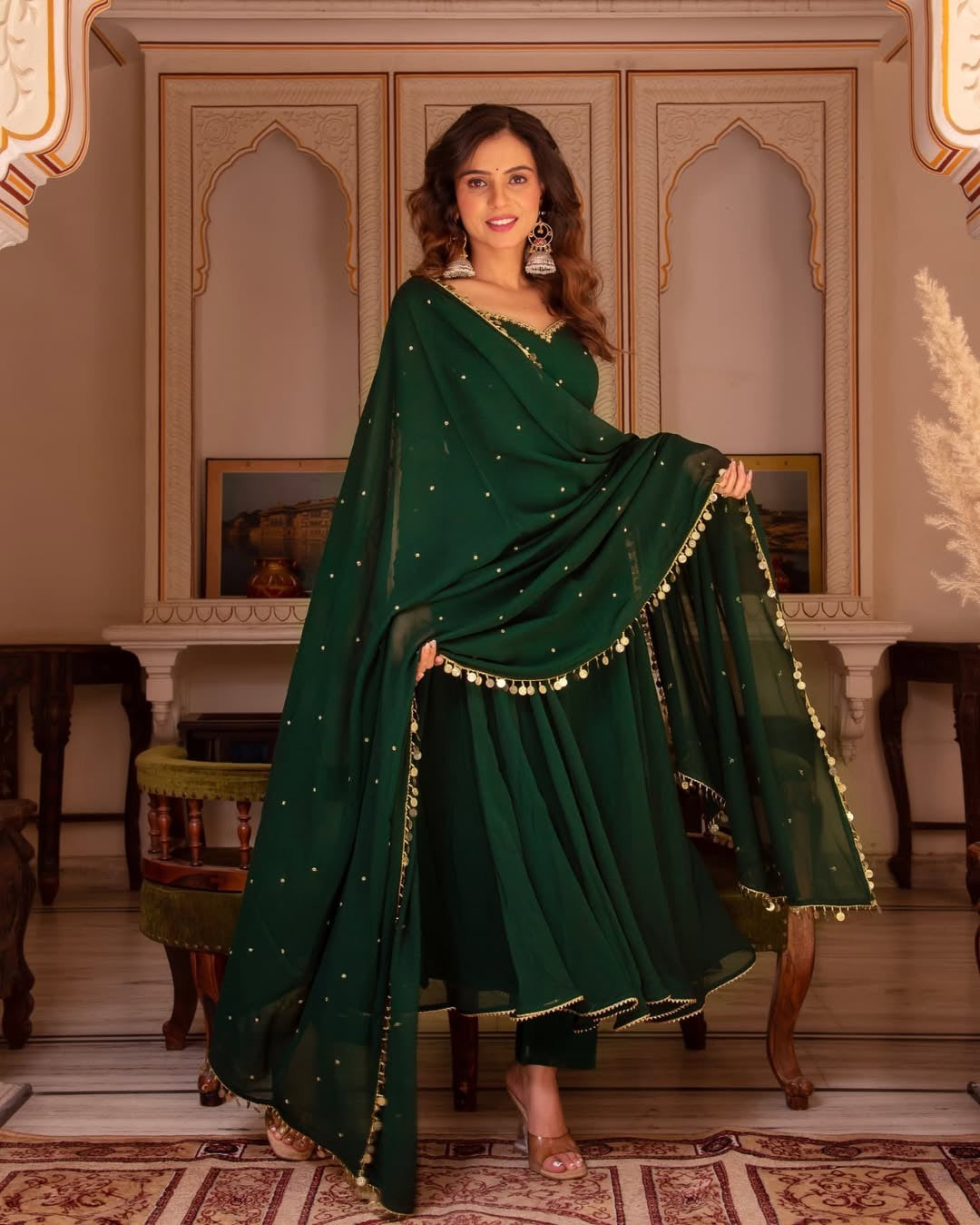 GREEN COLOR GEORGETTE ANARKALI SUIT WITH DUPATTA