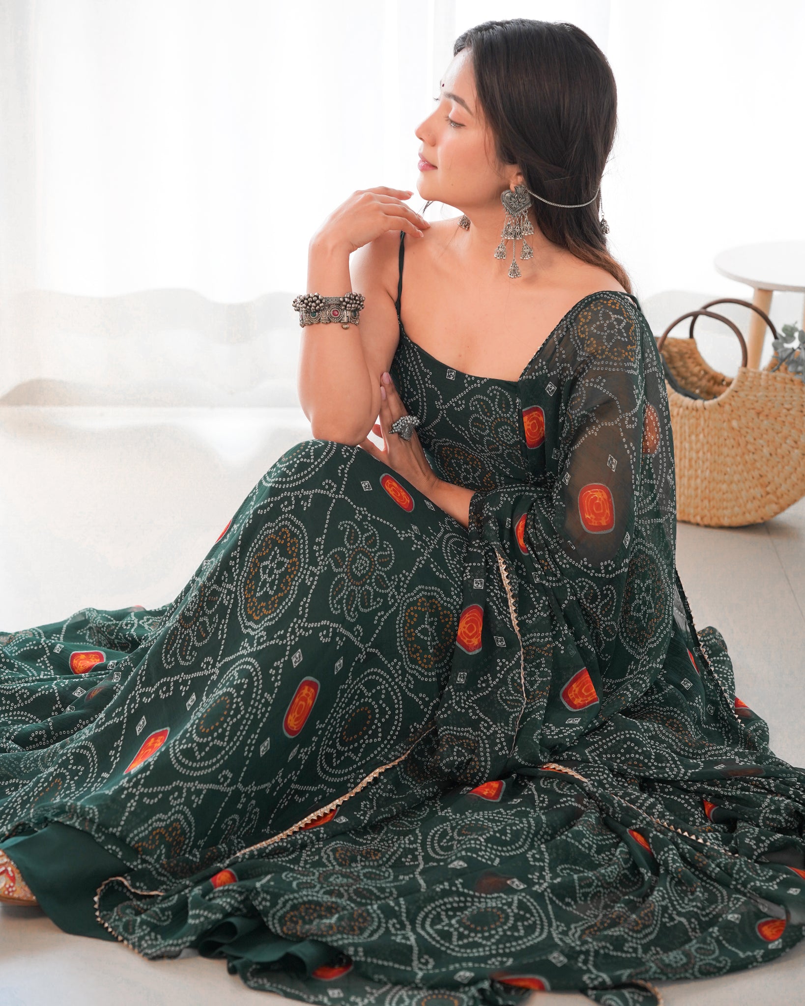 GREEN BANDHEJ PRINT CHIFFON GOWN WITH DUPATTA - LIGHTWEIGHT & FLOWY