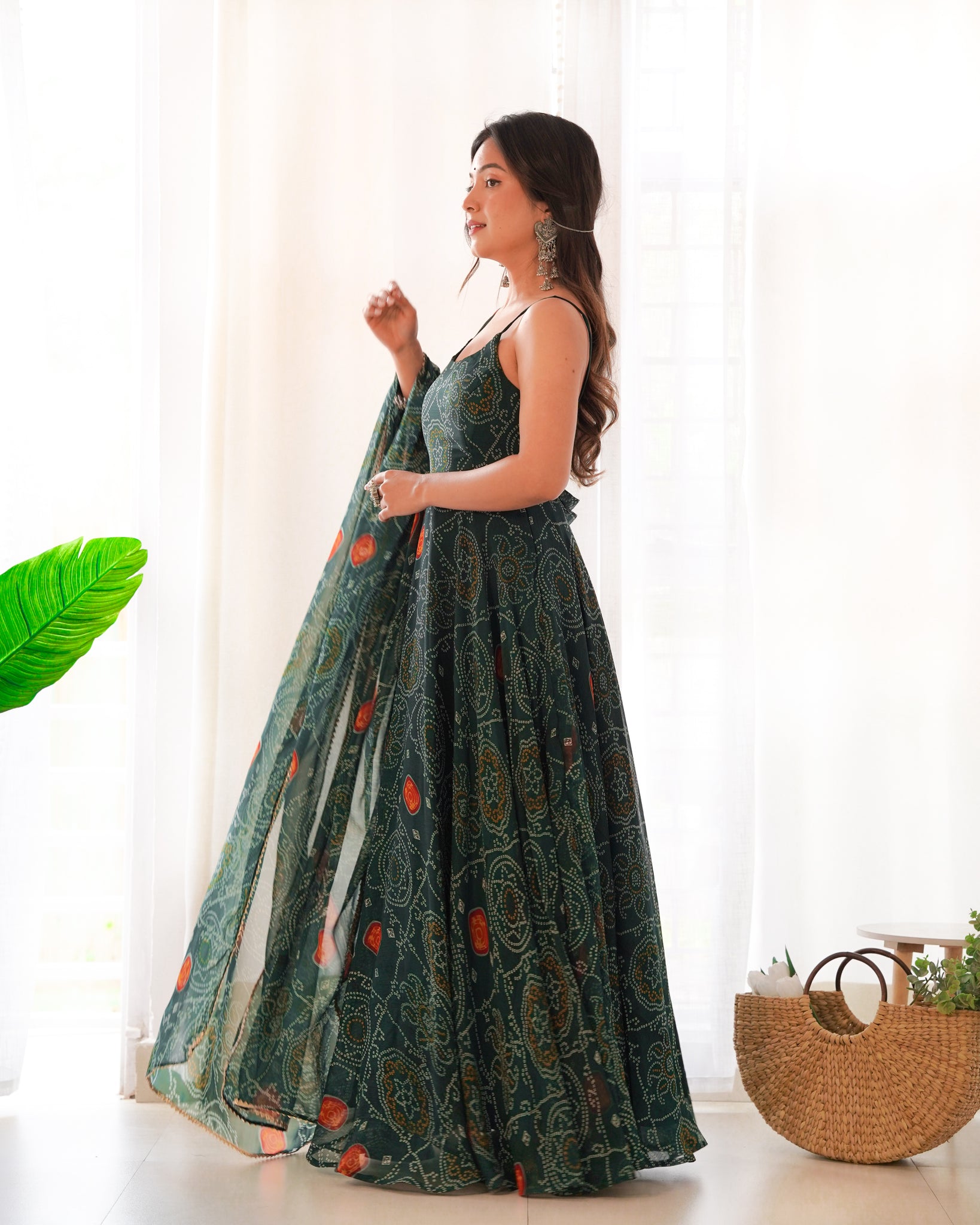 GREEN BANDHEJ PRINT CHIFFON GOWN WITH DUPATTA - LIGHTWEIGHT & FLOWY