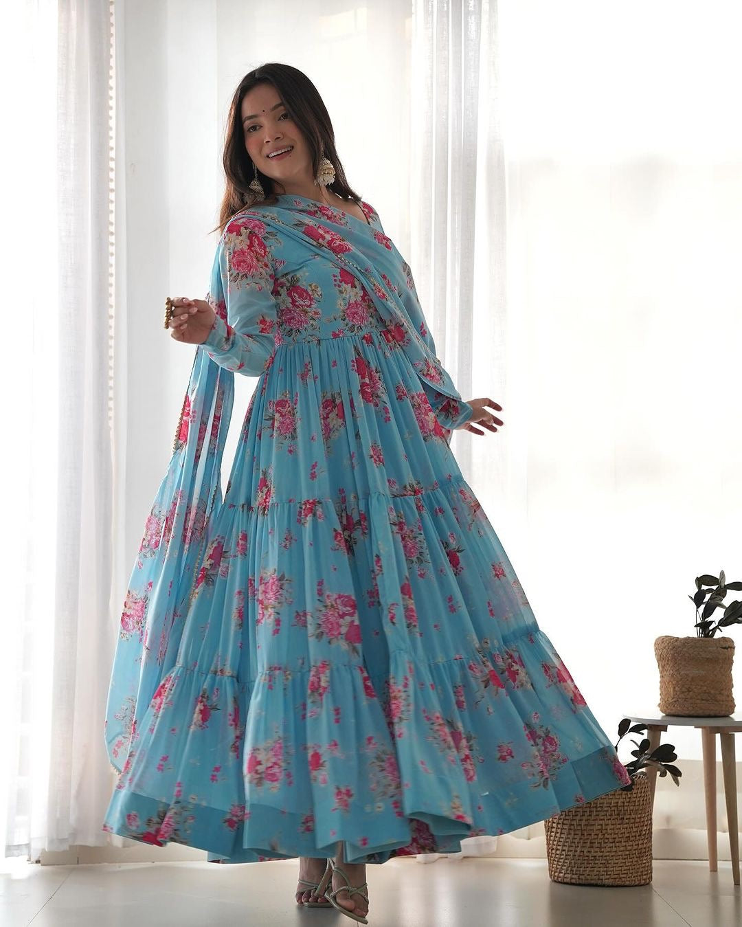 SKY BLUE FLORAL 3-LAYER GEORGETTE GOWN WITH DUPATTA