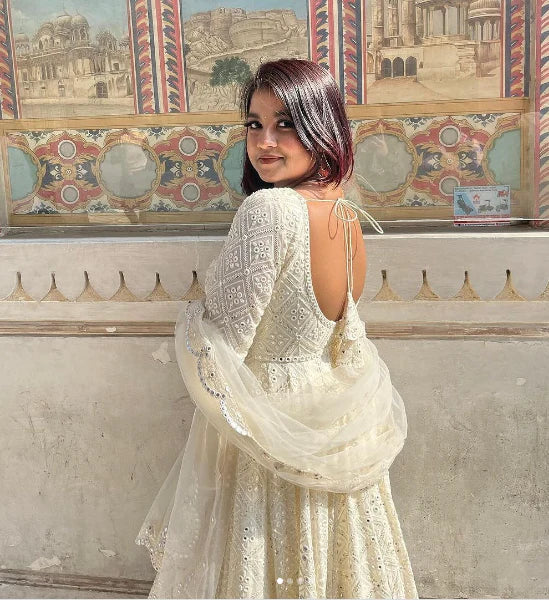 LUXURIOUS WHITE GEORGETTE ANARKALI SUIT SET WITH LAKHNAWI WORK