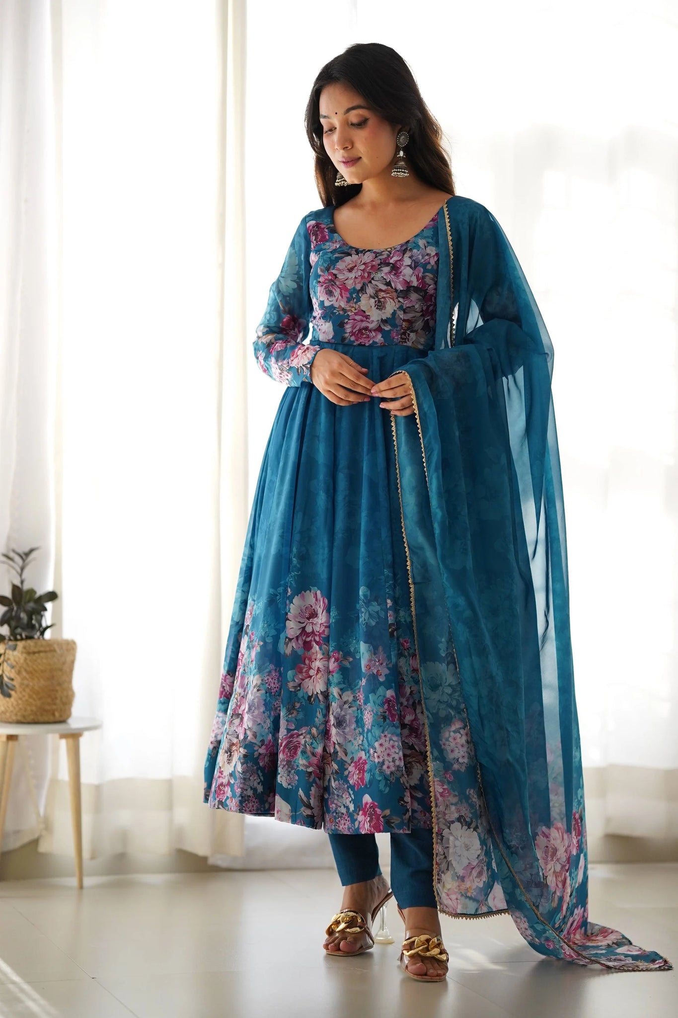 LUXURIOUS TURKISH FLORAL PRINTED ORGANZA ANARKALI SUIT SET WITH DUPATTA