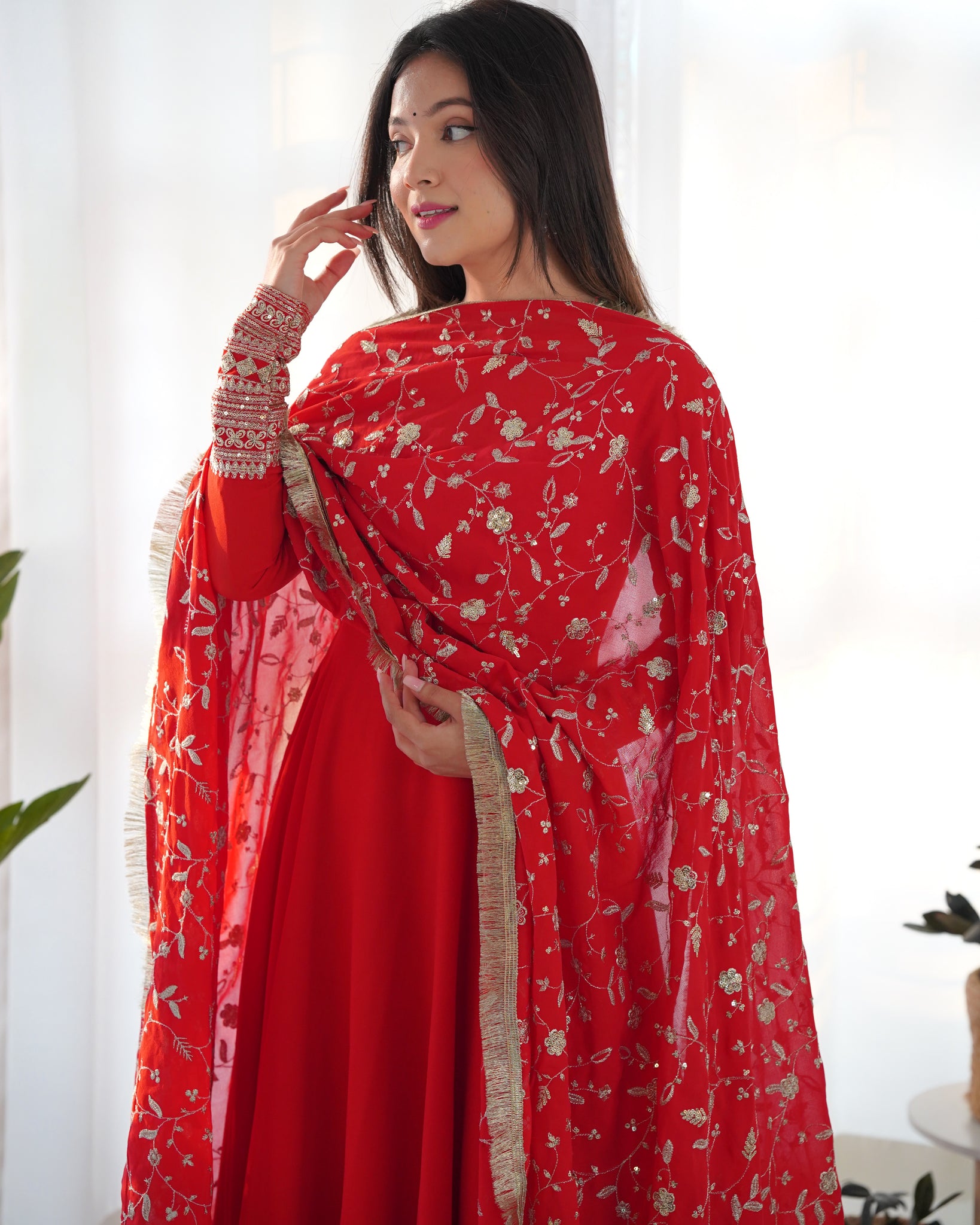 GOURGEOUS RED COLOR GEORGETTE GOWN FULL SET WITH EMBROIDERED DUPATTA