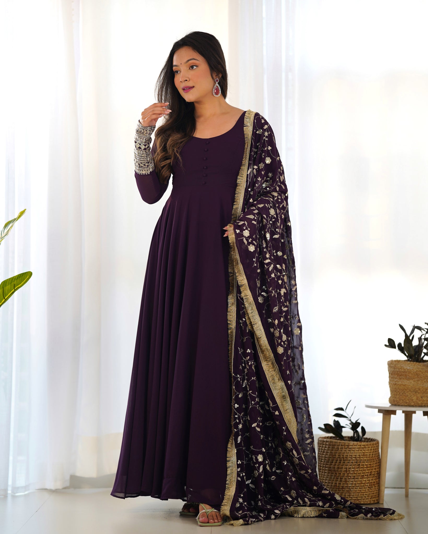 ELEGANT WINE GEORGETTE GOWN SET WITH DUPATTA - LUXURIOUS & CHIC