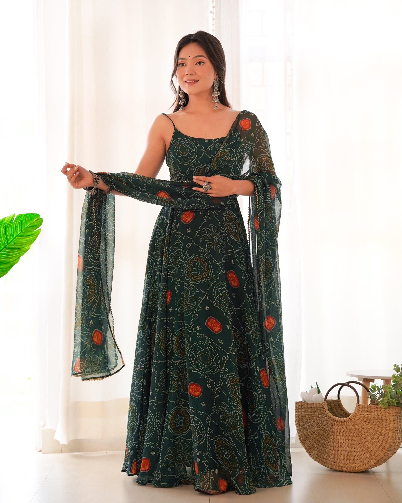 GREEN BANDHEJ PRINT CHIFFON GOWN WITH DUPATTA - LIGHTWEIGHT & FLOWY