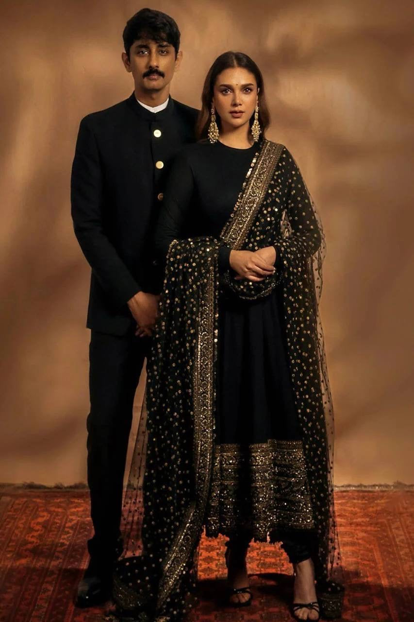 ADITI RAO-INSPIRED BLACK COLOR GEORGETTE BASE EMBROIDERED ANARKALI SUIT SET OF 2