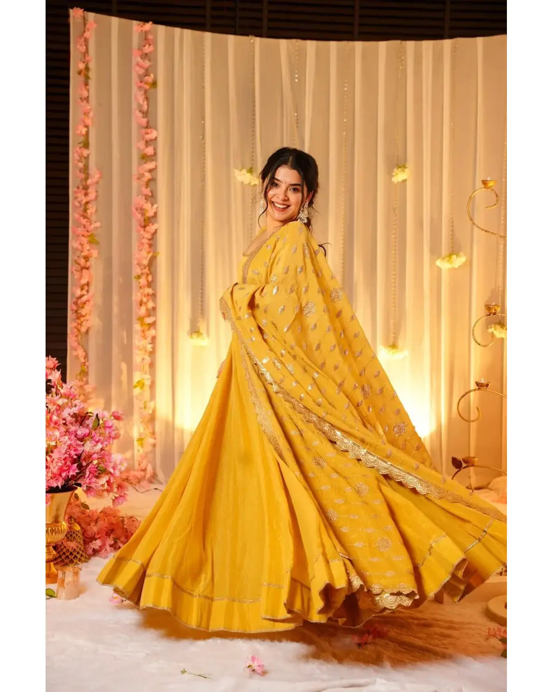 BEAUTIFUL HALDI SPECIAL HEAVY ROMAN SILK BASE GOWN WITH DUPATTA