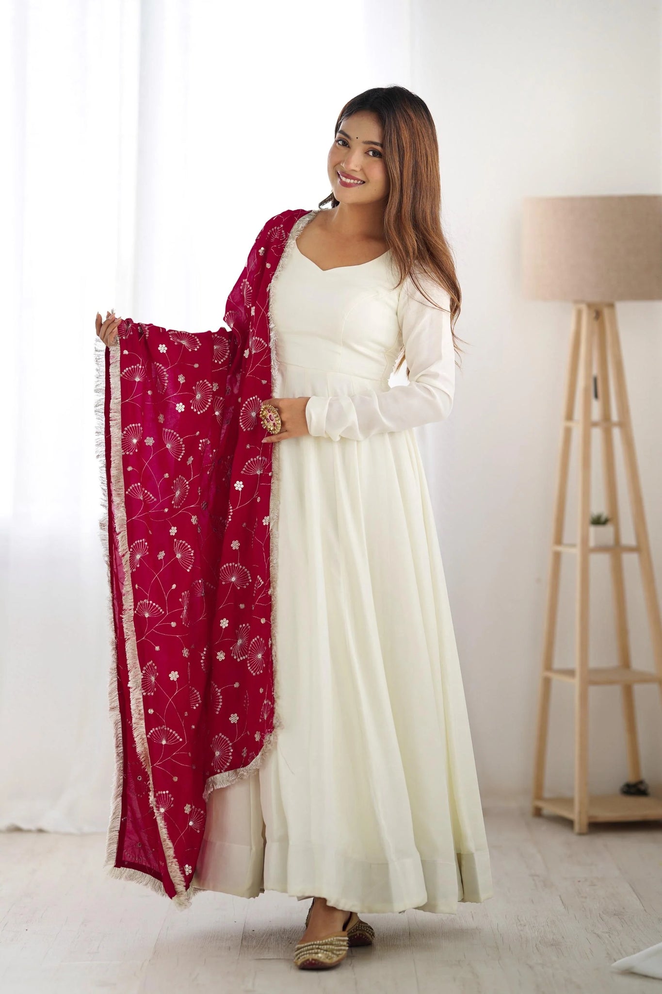 WHITE VICHITRA SILK ANARKALI SUIT WITH RANI PINK HEAVY DUPATTA