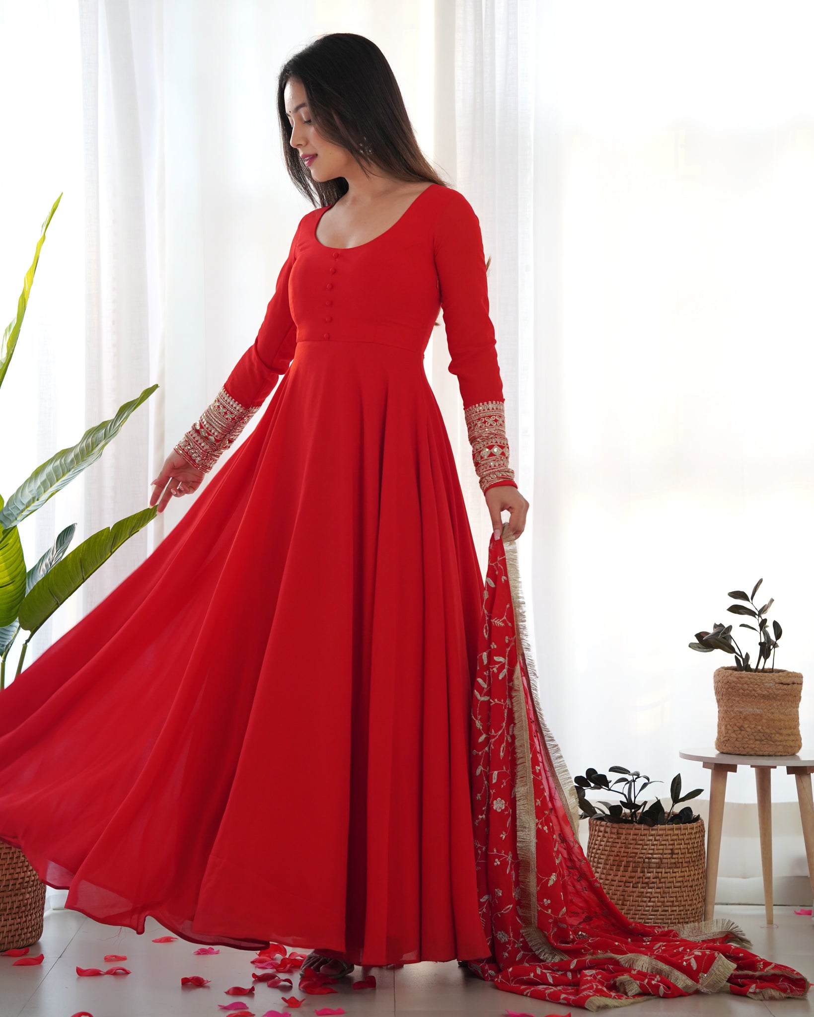 GOURGEOUS RED COLOR GEORGETTE GOWN FULL SET WITH EMBROIDERED DUPATTA