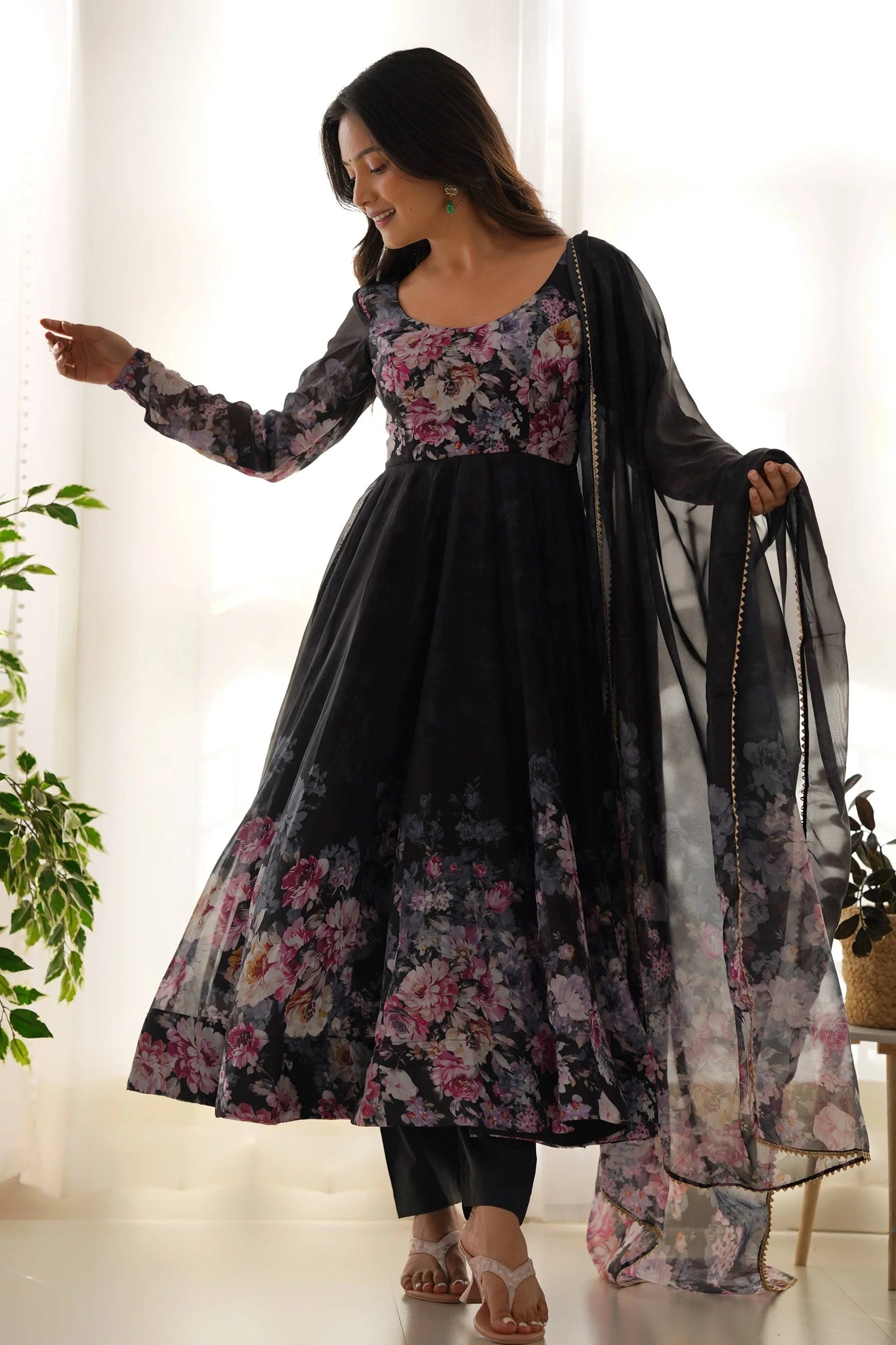 SOPHISTICATED BLACK ORGANZA SILK ANARKALI SUIT SET - PERFECT CHOICE