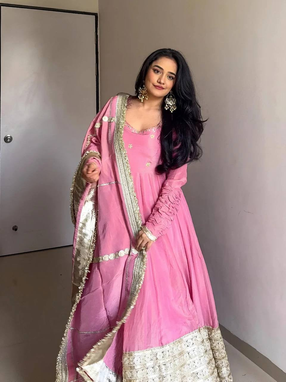 ELEGANT PINK CHINON ANARKALI SUIT SET
