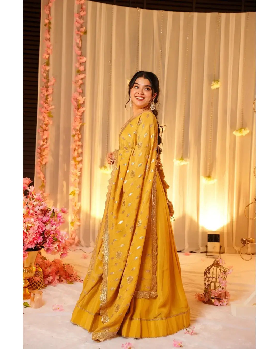 BEAUTIFUL HALDI SPECIAL HEAVY ROMAN SILK BASE GOWN WITH DUPATTA