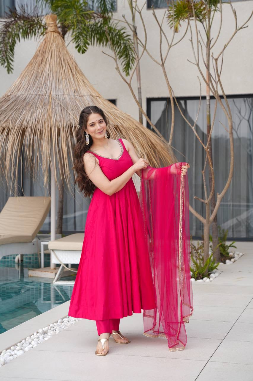 RANI PINK COLOR CHANDERI PURE ROMAN SILK ANARKALI SUIT