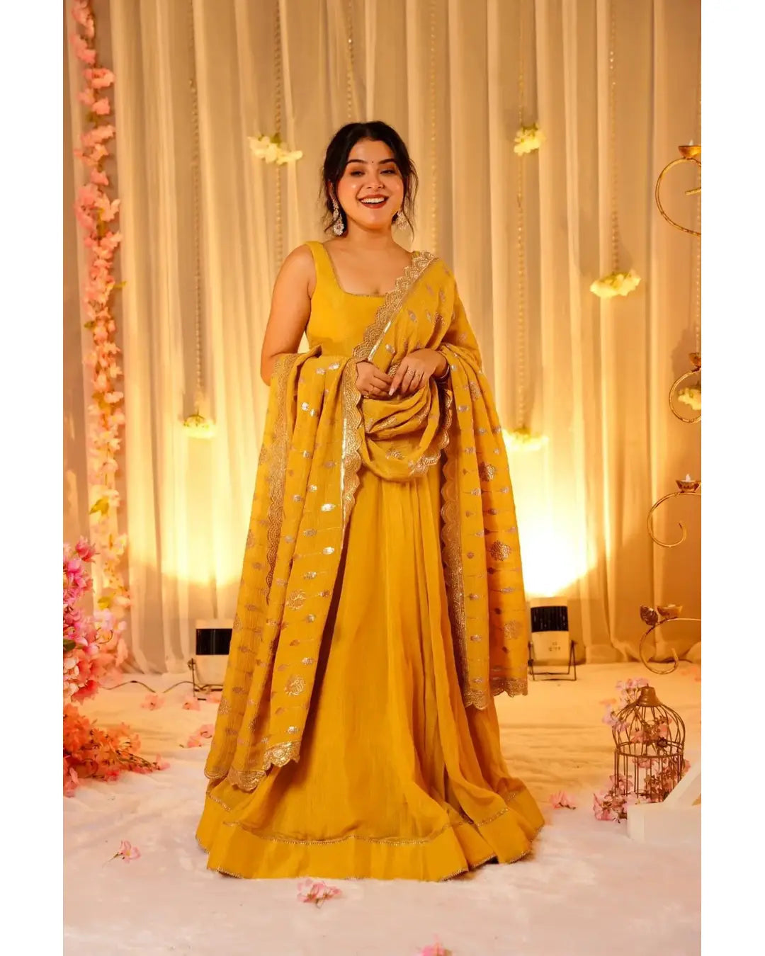 BEAUTIFUL HALDI SPECIAL HEAVY ROMAN SILK BASE GOWN WITH DUPATTA