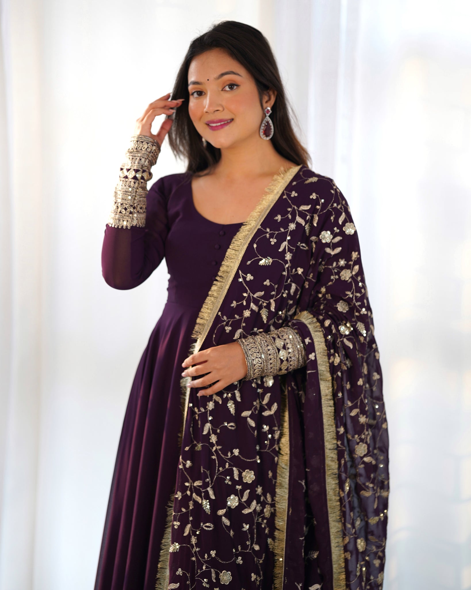 ELEGANT WINE GEORGETTE GOWN SET WITH DUPATTA - LUXURIOUS & CHIC