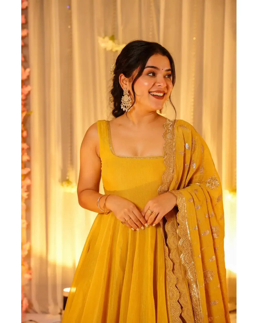 BEAUTIFUL HALDI SPECIAL HEAVY ROMAN SILK BASE GOWN WITH DUPATTA