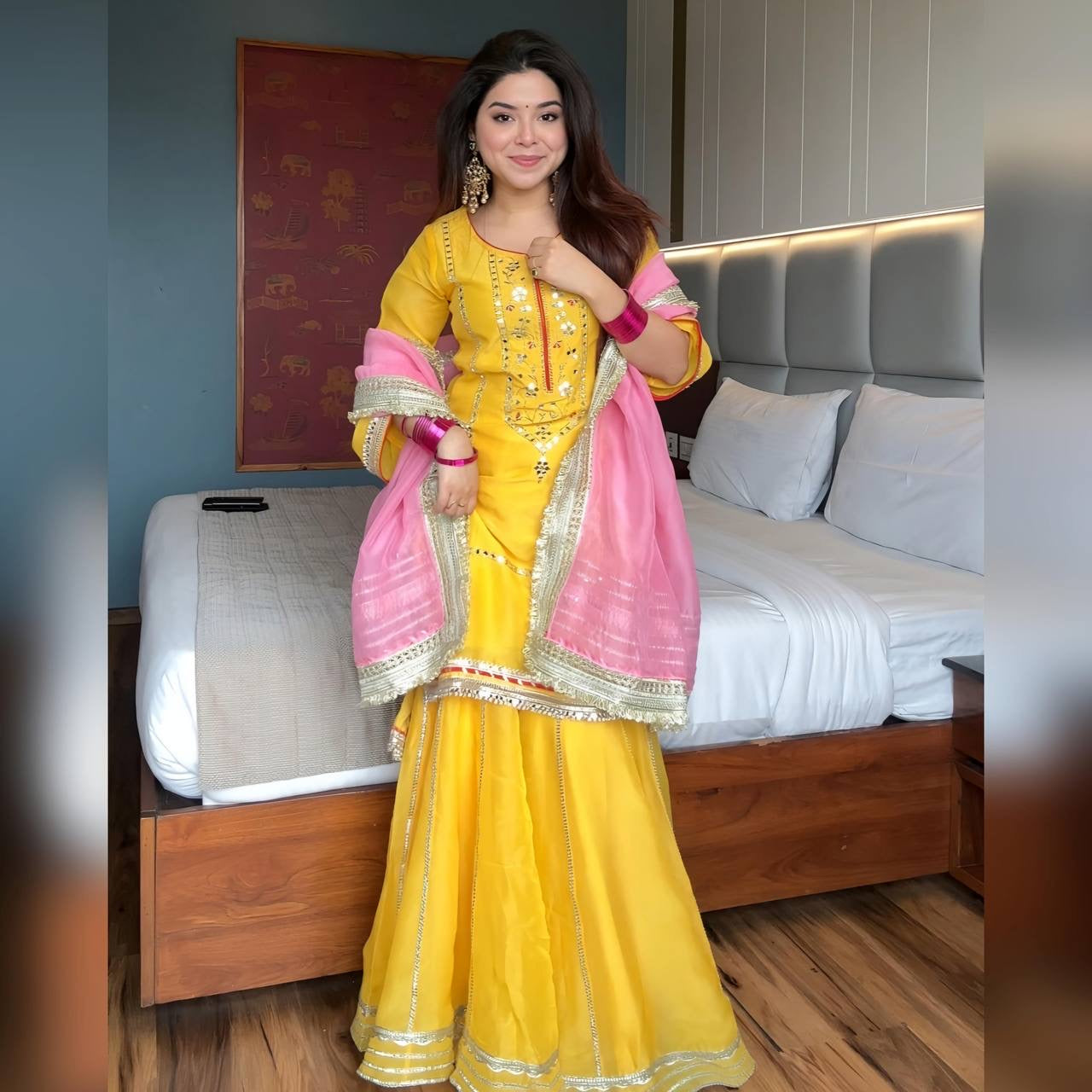 MOST TRENDING YELLOW COLOR EMBROIDERY SEQUENCE WORK SHARARA SUIT SET OF 3