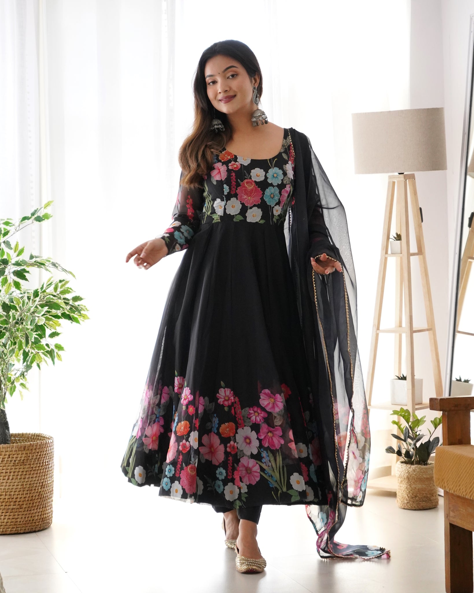 ELEGANT BLACK FLORAL PRINT ANARKALI WITH ZARI WORK AND DUPATTA - READY-TO-WEAR