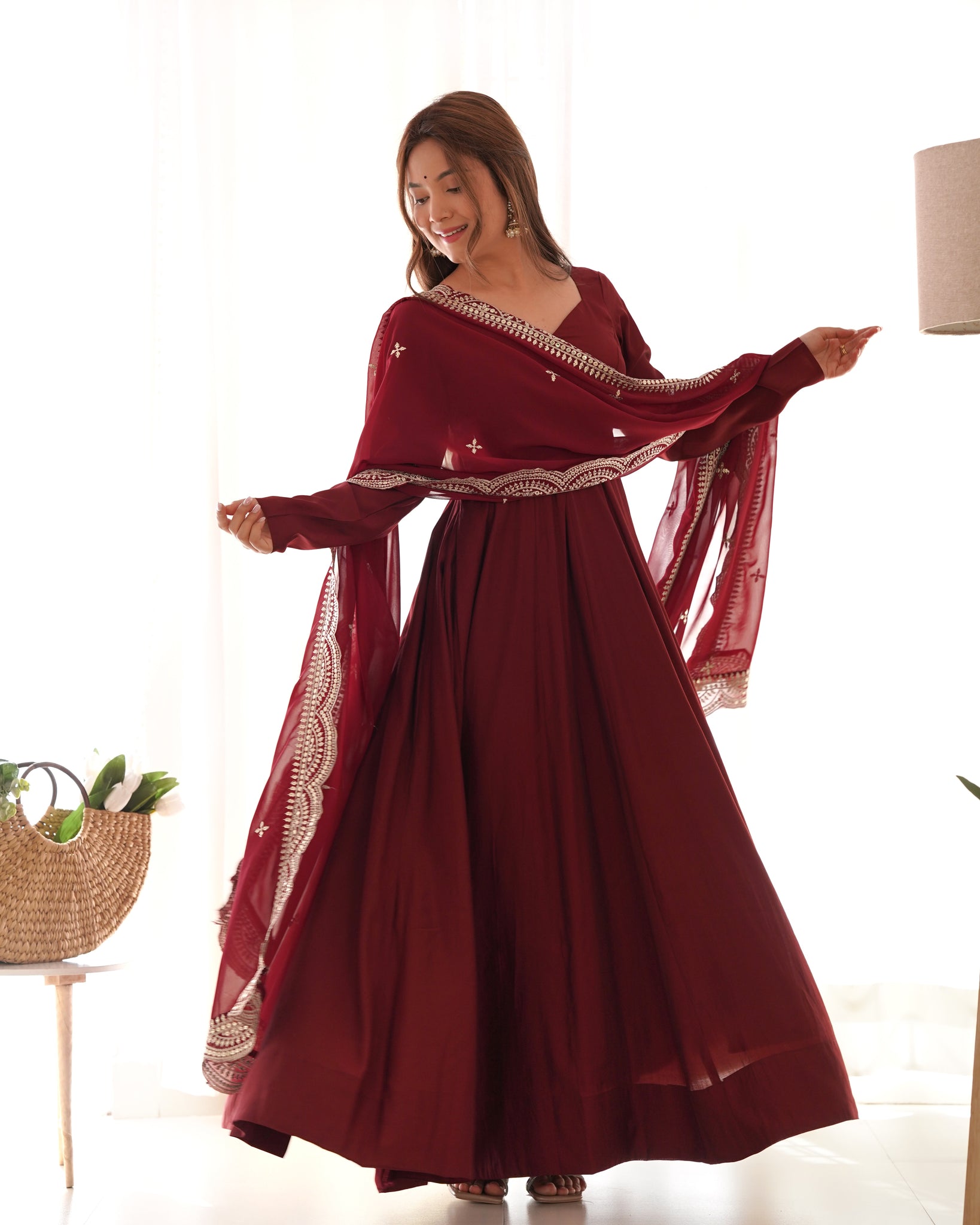 Girlish Maroon Color Silk Base Anarkali Suit Set Of 3