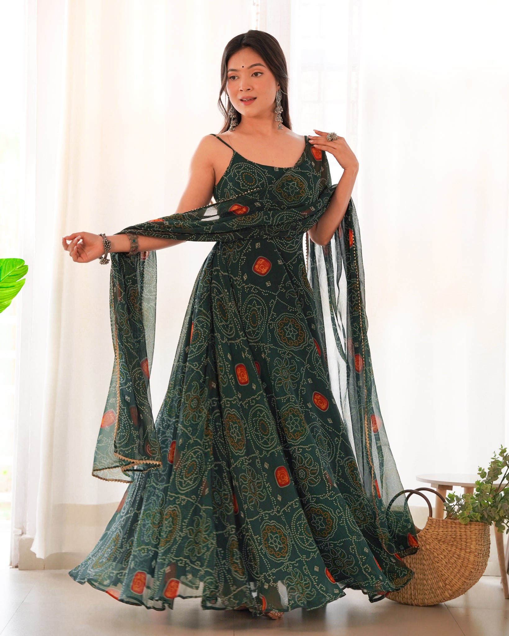 GREEN BANDHEJ PRINT CHIFFON GOWN WITH DUPATTA - LIGHTWEIGHT & FLOWY