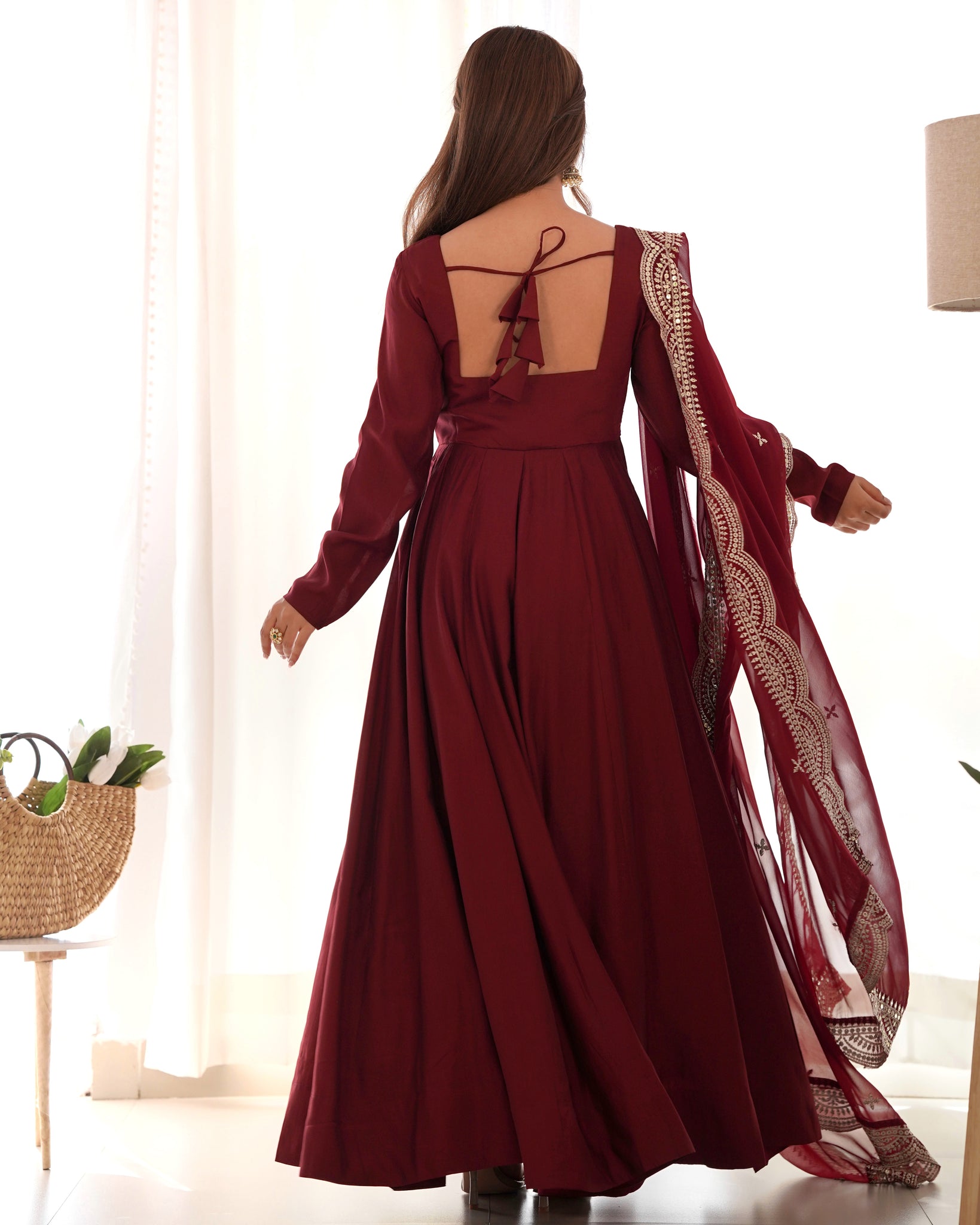 Girlish Maroon Color Silk Base Anarkali Suit Set Of 3