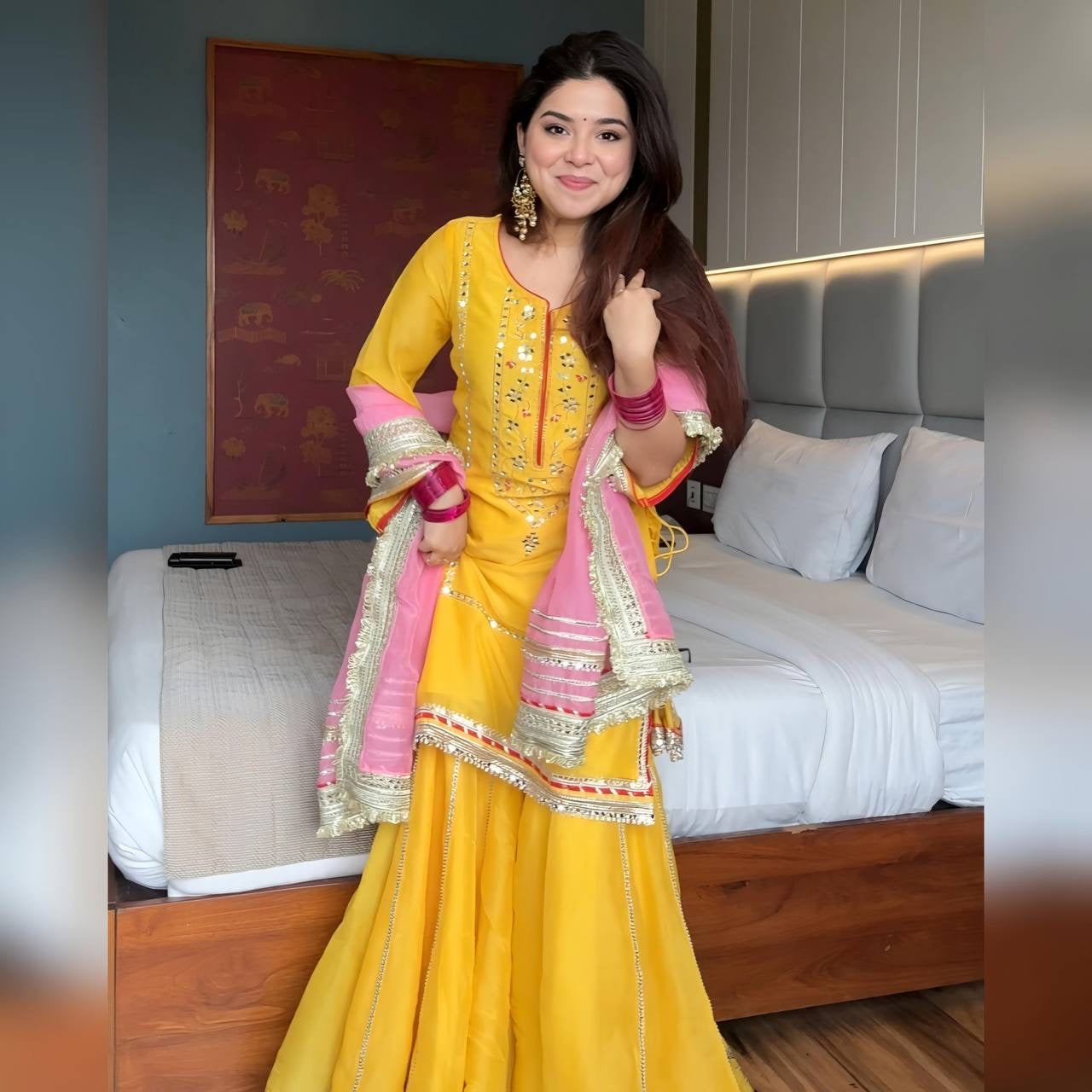 MOST TRENDING YELLOW COLOR EMBROIDERY SEQUENCE WORK SHARARA SUIT SET OF 3