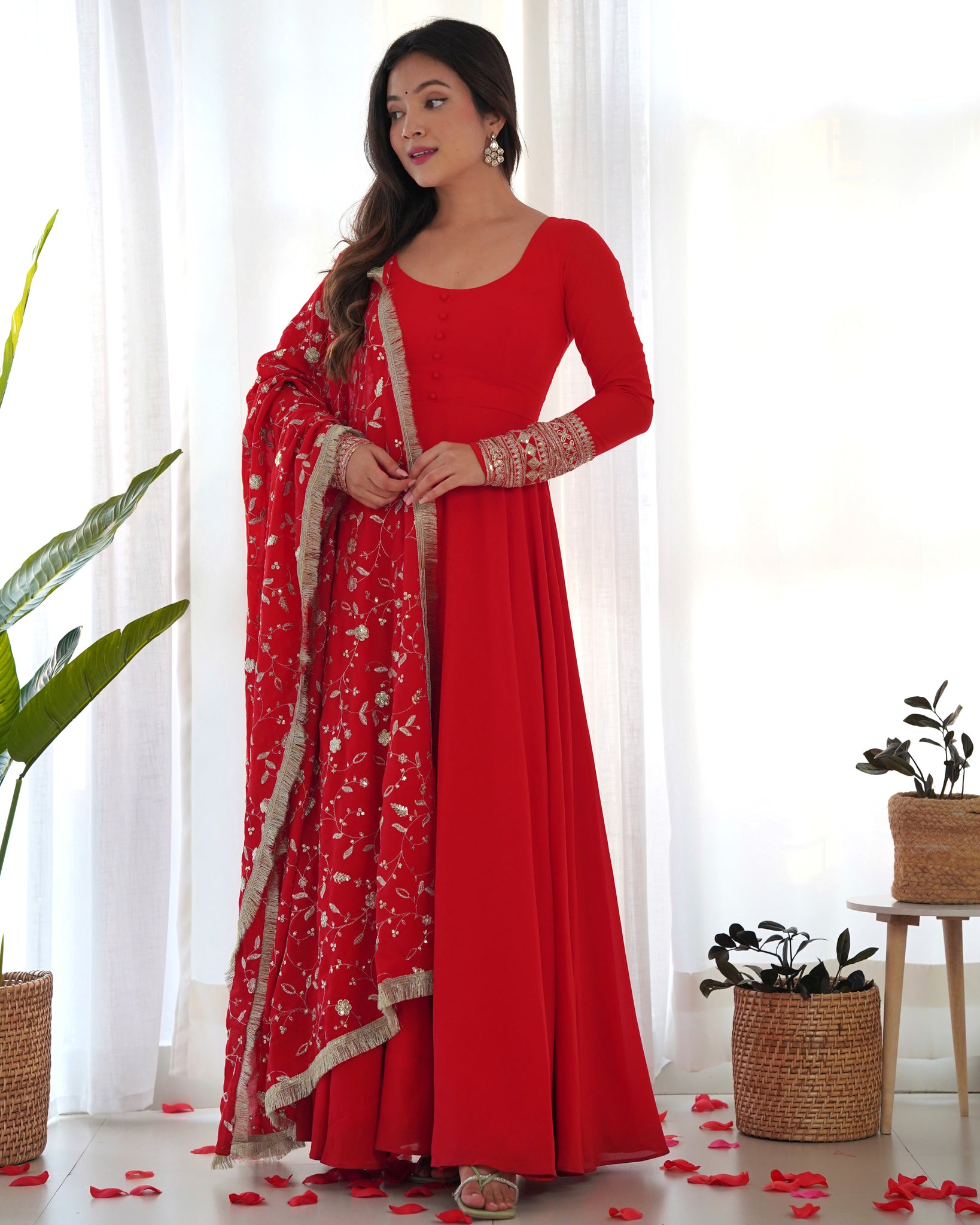 GOURGEOUS RED COLOR GEORGETTE GOWN FULL SET WITH EMBROIDERED DUPATTA