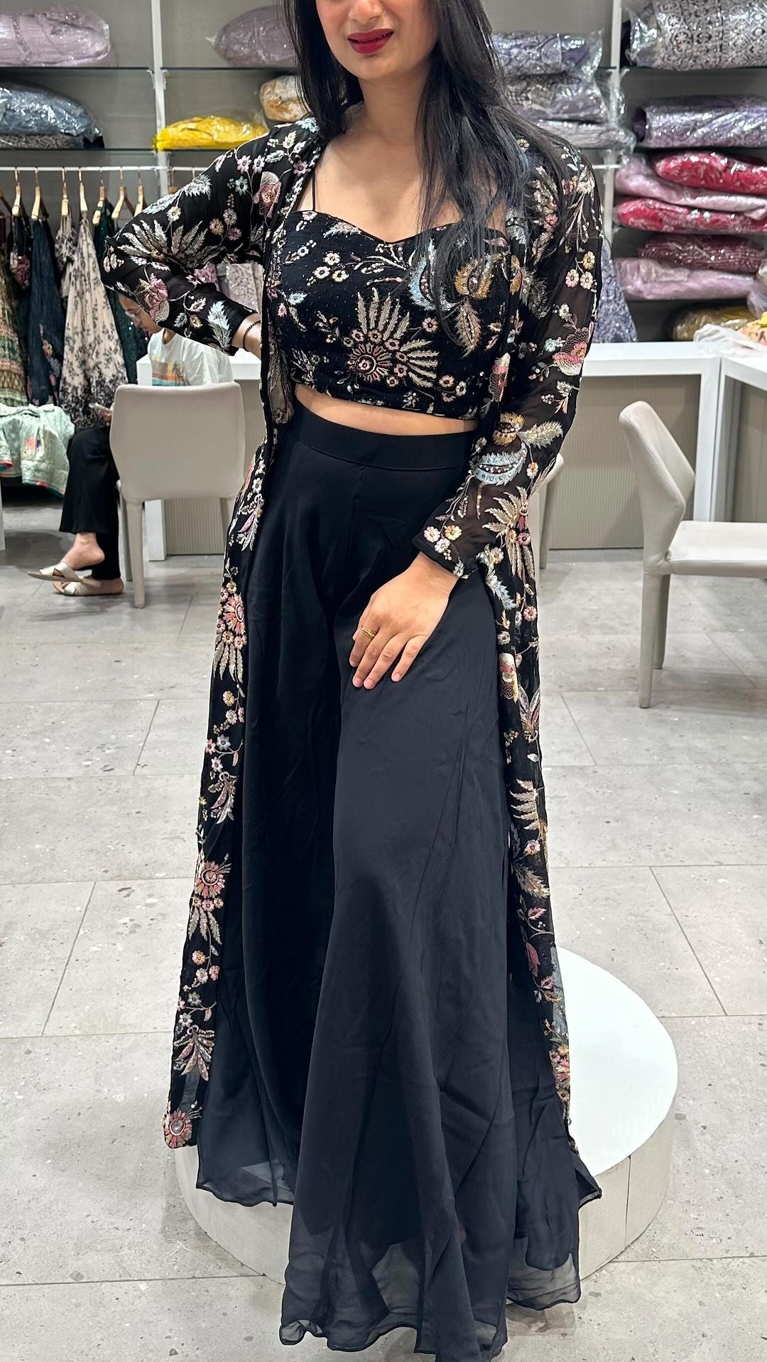 Black embroidery palazzo set with crop top and jacket, 3 piece long dress