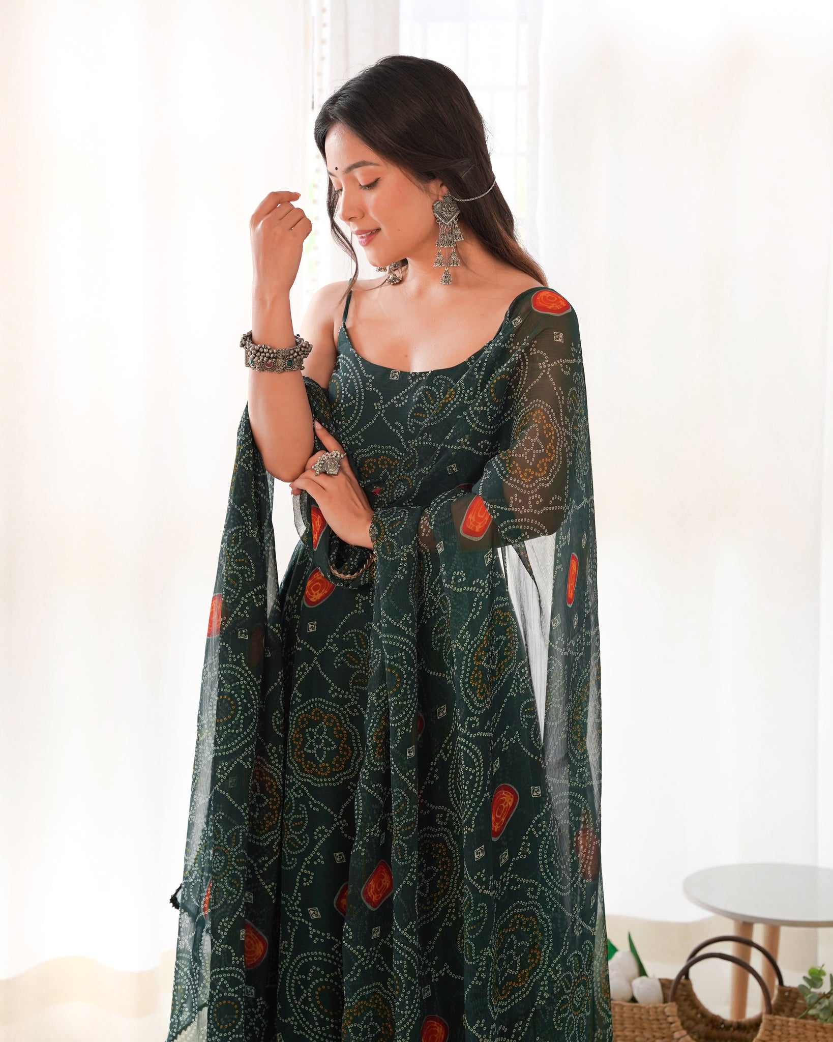 GREEN BANDHEJ PRINT CHIFFON GOWN WITH DUPATTA - LIGHTWEIGHT & FLOWY