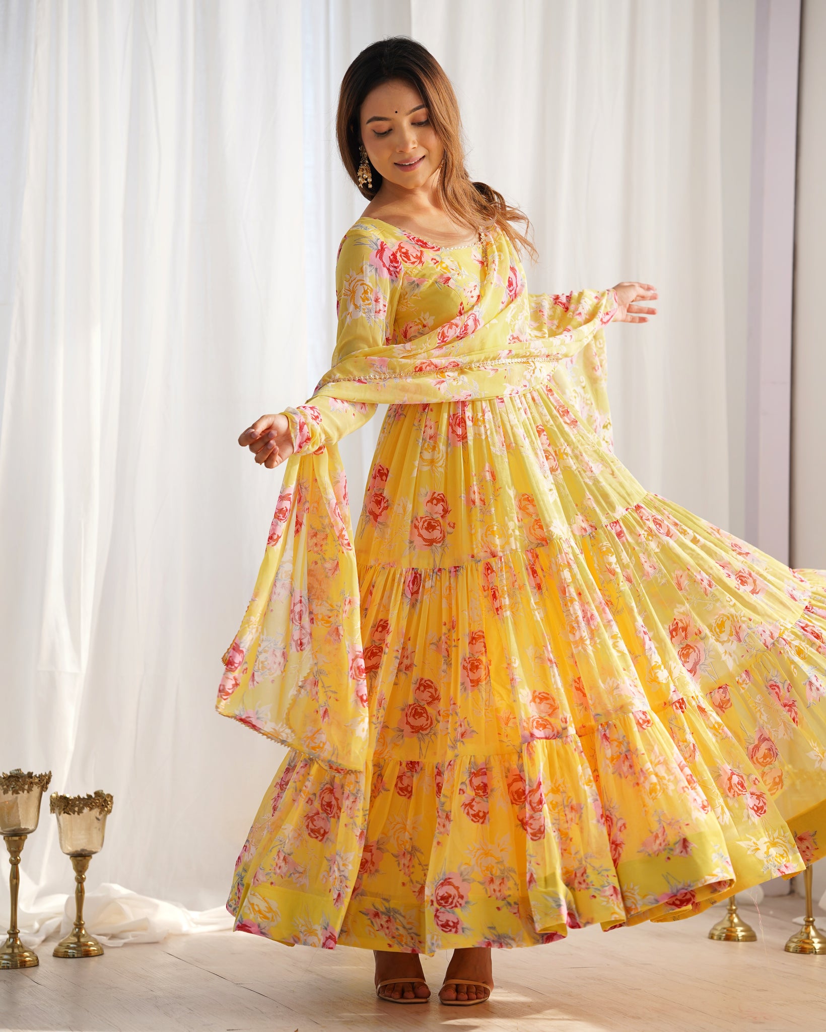 Georgette Layered Frock CANDY YELLOW FLORAL 3-LAYER GEORGETTE GOWN