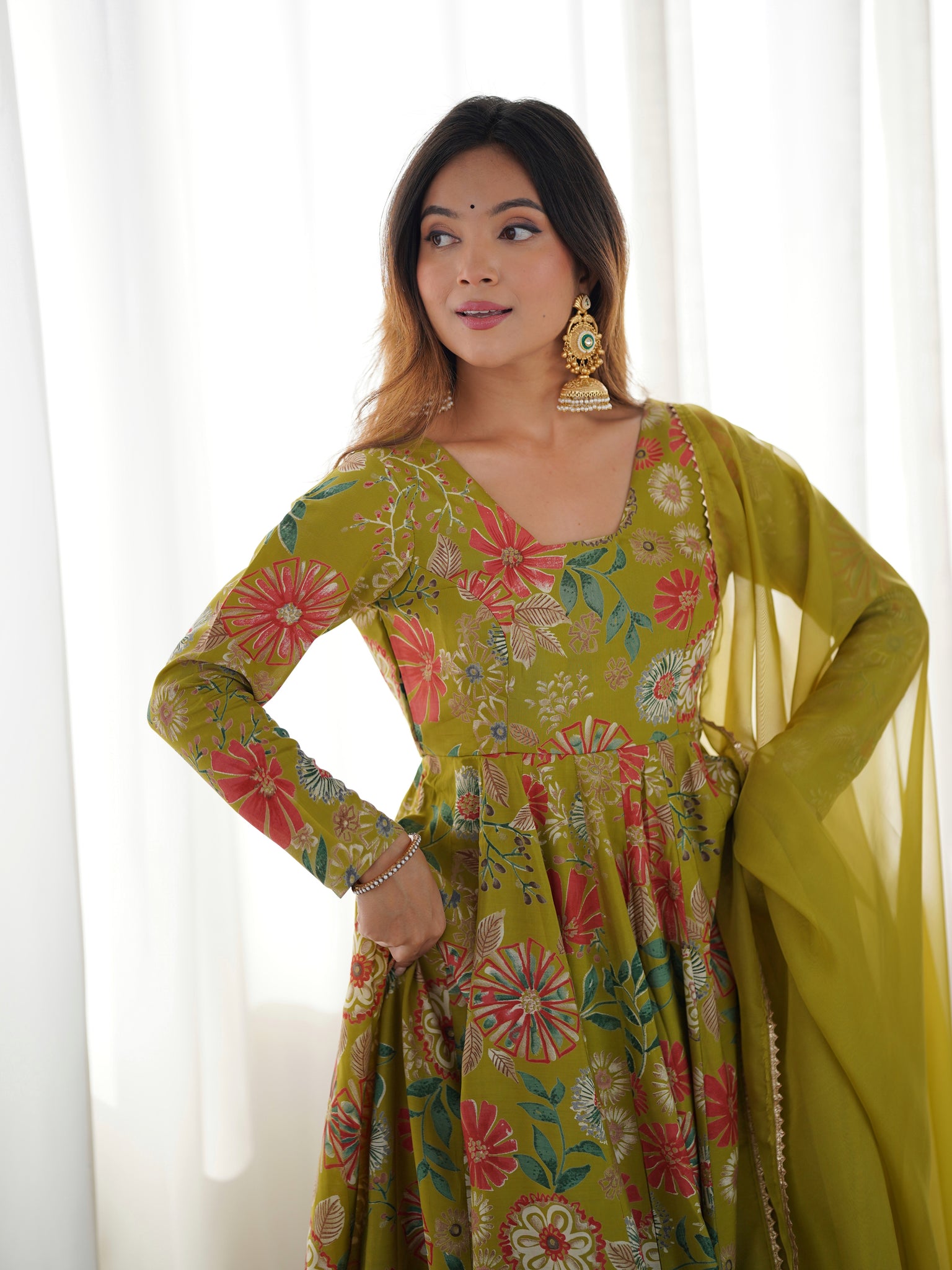 MEHENDI GREEN COLOR ROMAN SILK BASE PRINTED PLAZZO SUIT SET OF 3