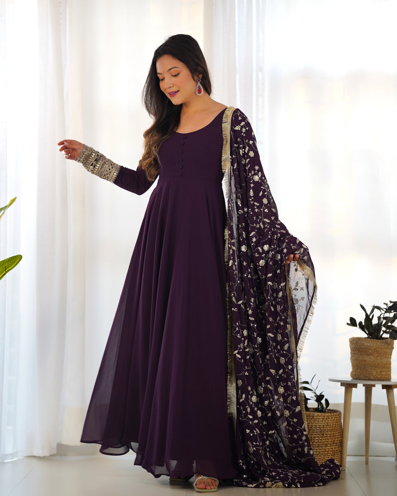 ELEGANT WINE GEORGETTE GOWN SET WITH DUPATTA - LUXURIOUS & CHIC