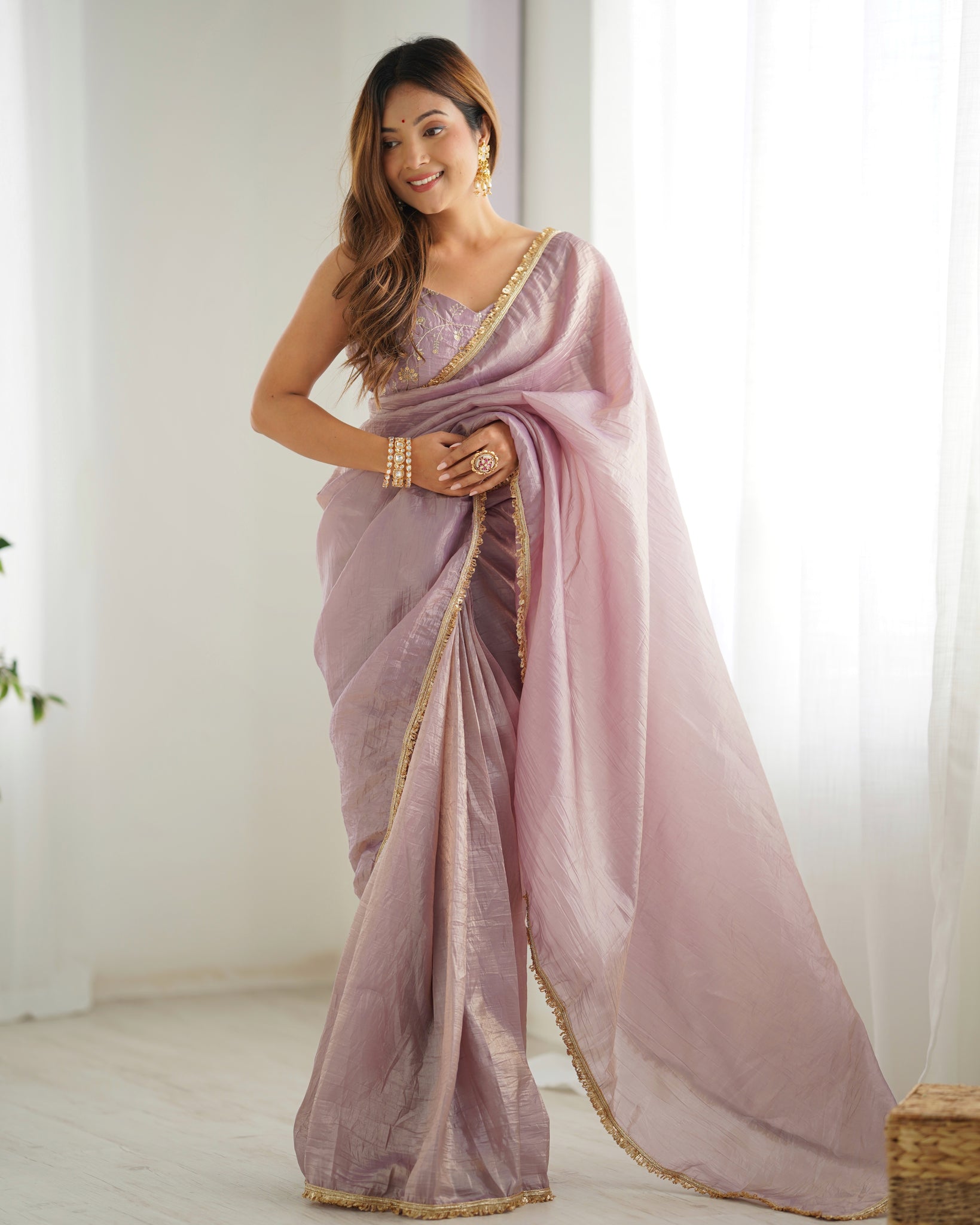 DUSTY PINK PRE-DRAPED SAREE WITH STITCHED BLOUSE