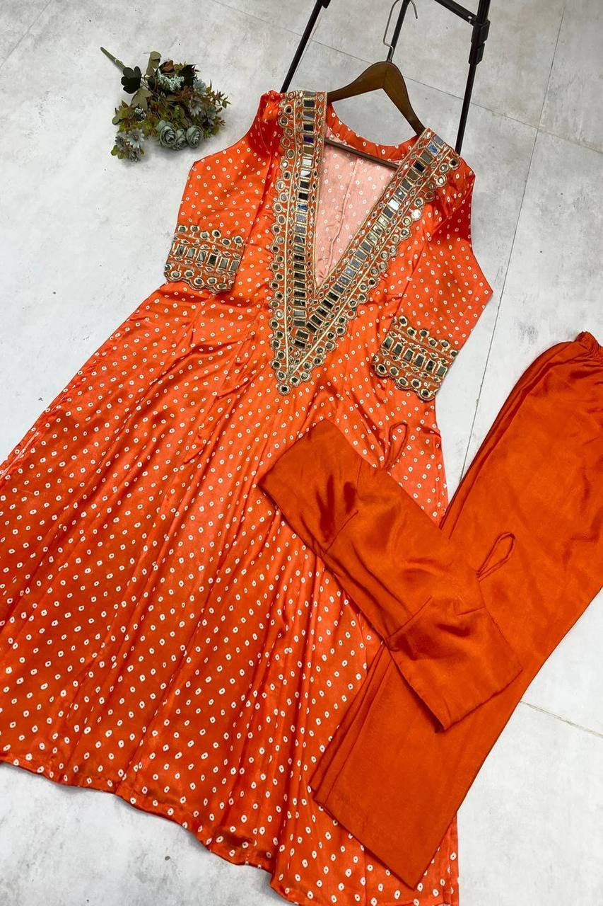 ORANGE BANDHANI PRINT MIRROR WORK CORD SET