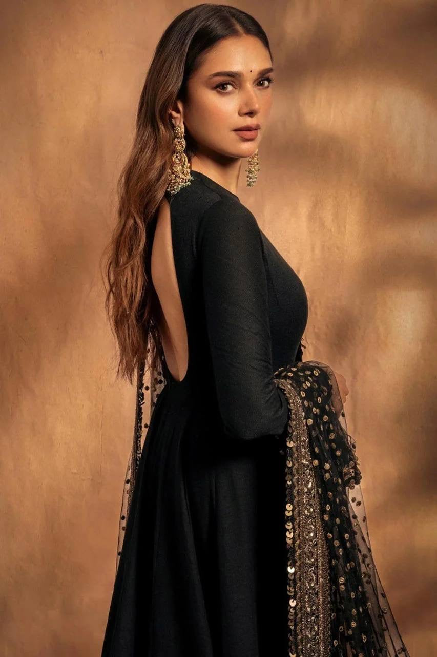 ADITI RAO-INSPIRED BLACK COLOR GEORGETTE BASE EMBROIDERED ANARKALI SUIT SET OF 2