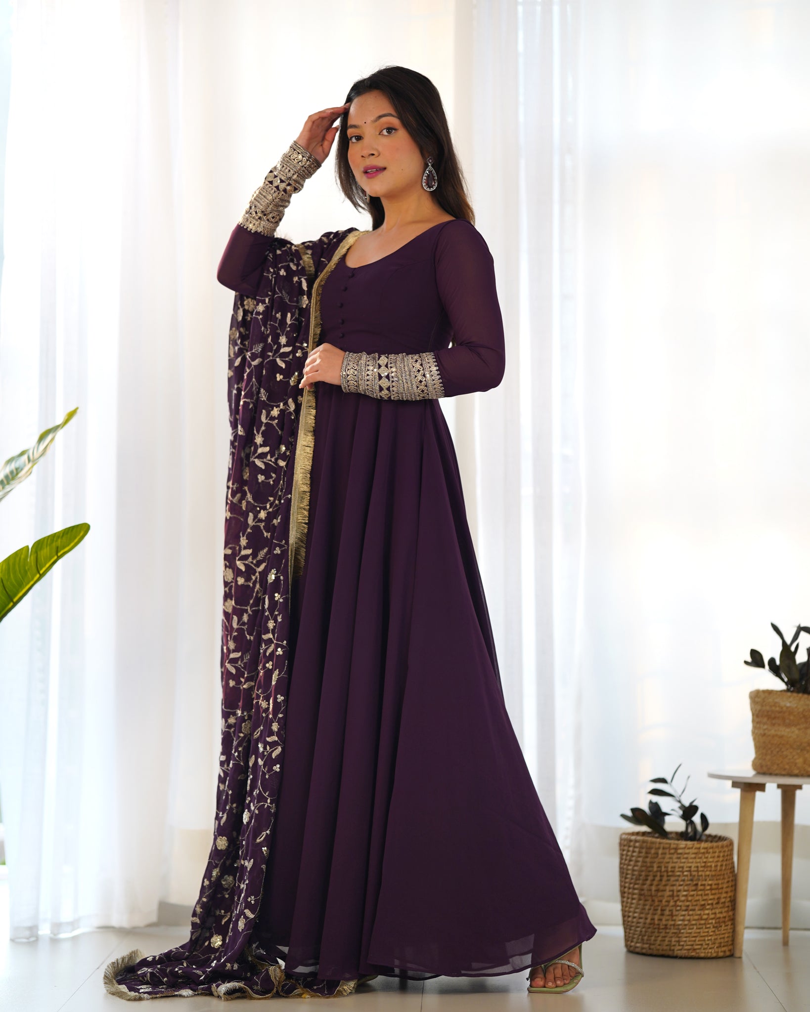 ELEGANT WINE GEORGETTE GOWN SET WITH DUPATTA - LUXURIOUS & CHIC