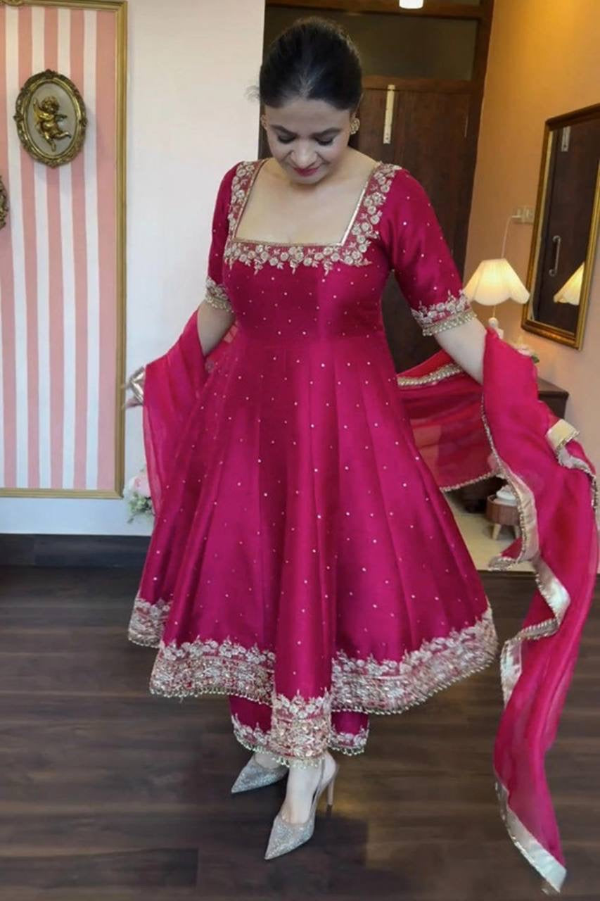Fabulous Pink & Red Color Anarkali Suit Set Of 3