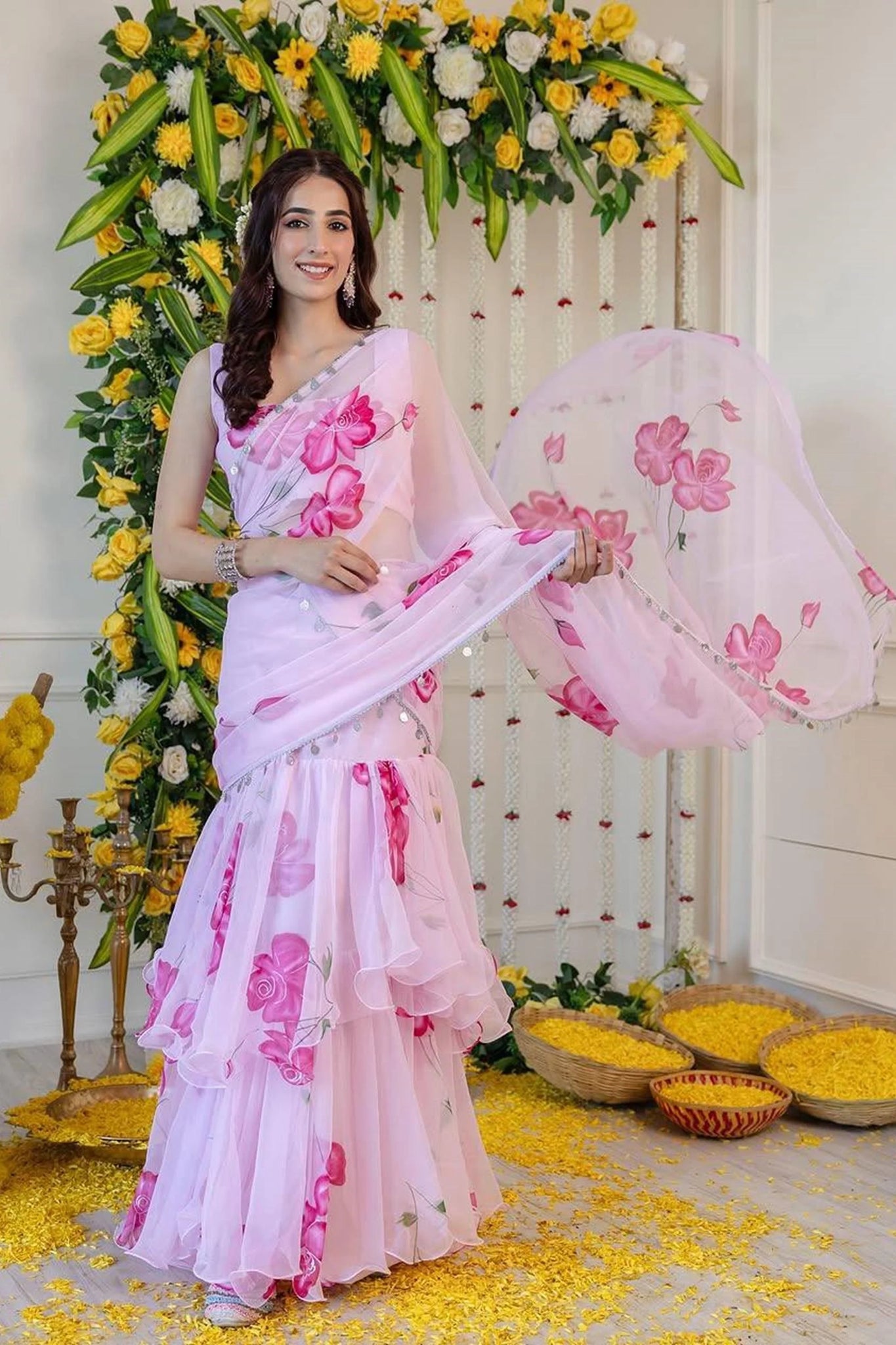 LIGHT PINK FLORAL PRINT GEORGETTE RUFFLE SAREE WITH STITCHED BLOUSE