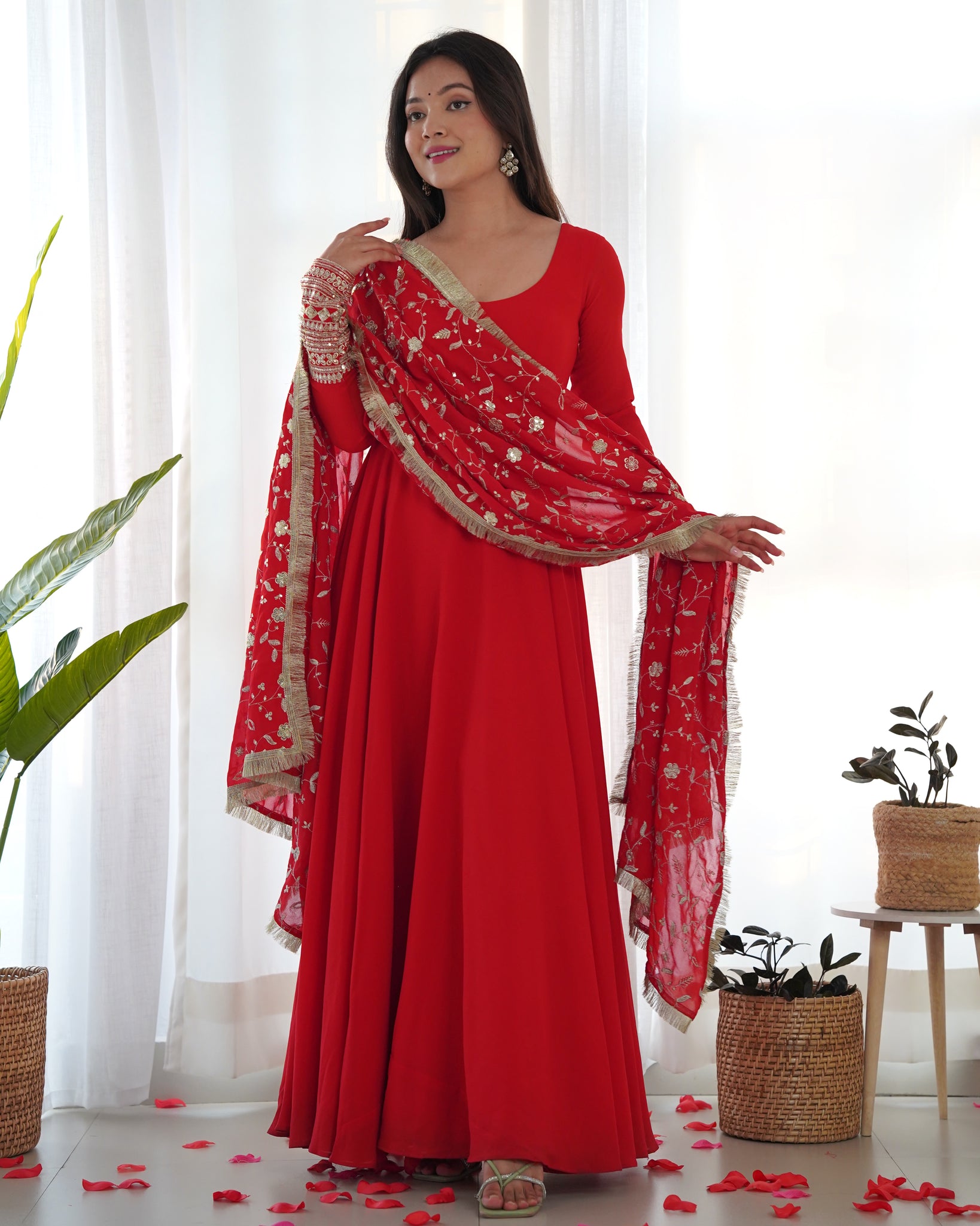 GOURGEOUS RED COLOR GEORGETTE GOWN FULL SET WITH EMBROIDERED DUPATTA